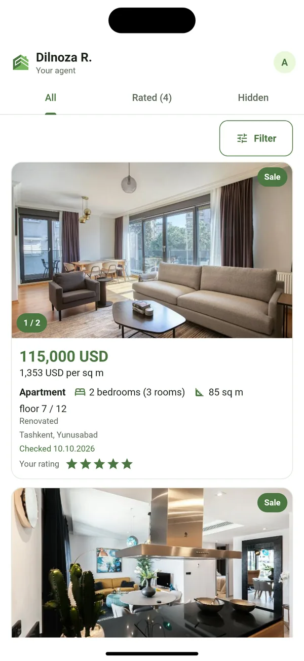 Client app: the agent's properties with ratings
